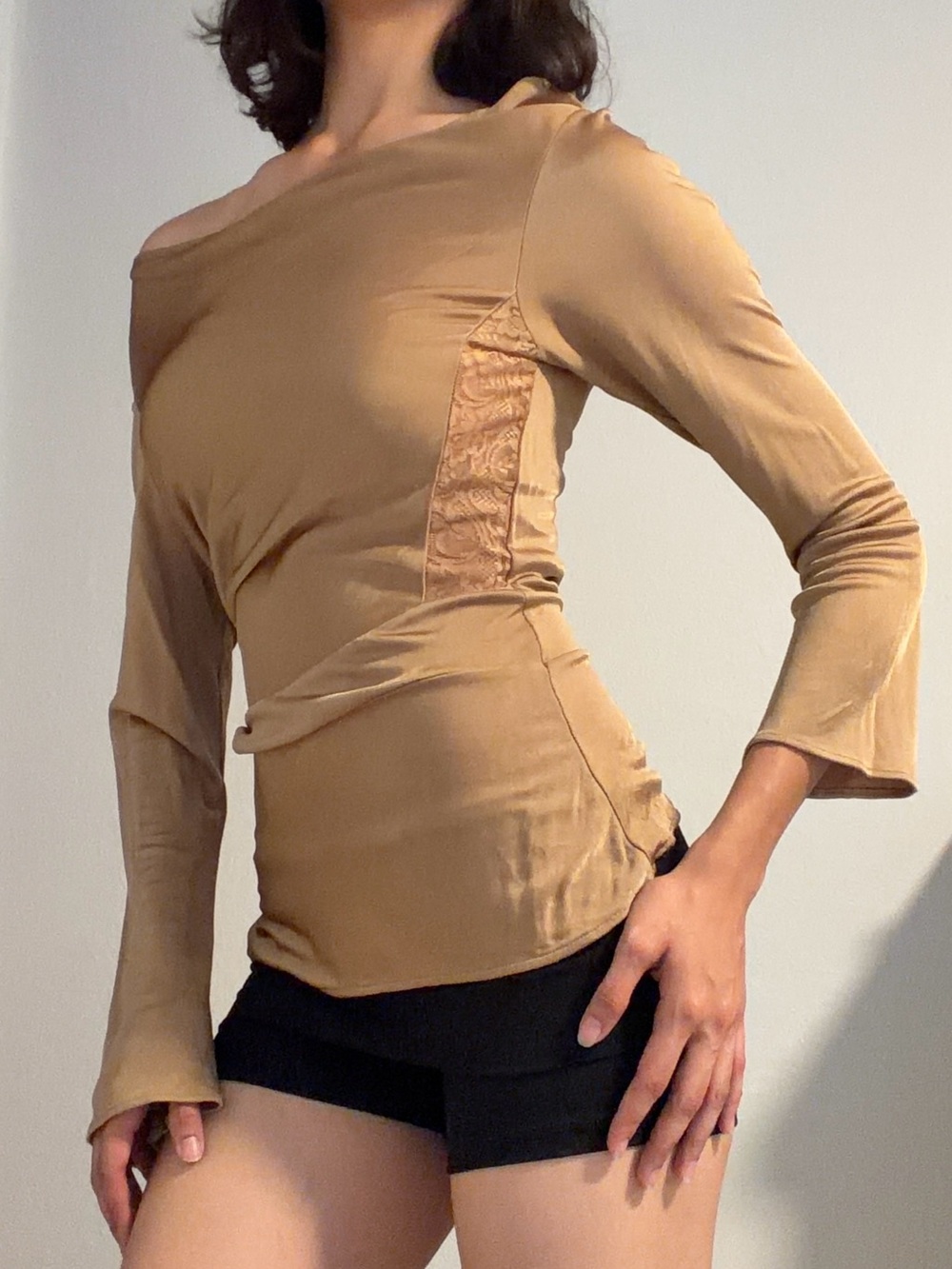 Ideology One-Shoulder Long Sleeve Top in Camel